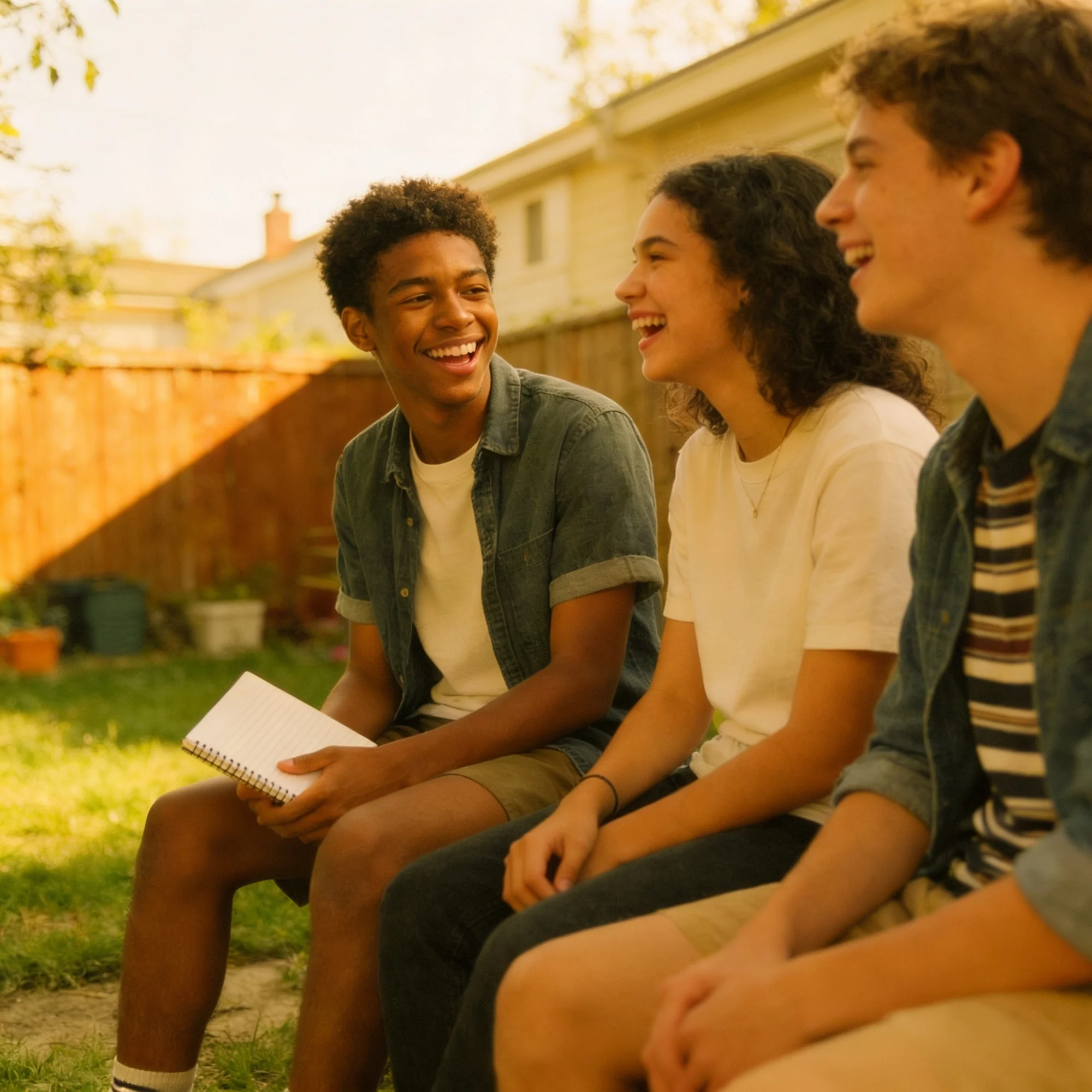 Three Michigan Online School students laughing together in a sunlit backyard, one holding a spiral notebook